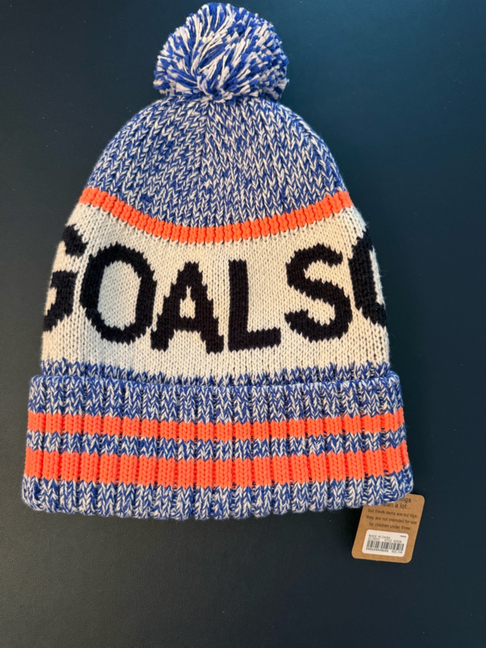 Crewcuts Blue Orange Cream 'GOALS' Knit Pom Beanie. NWT